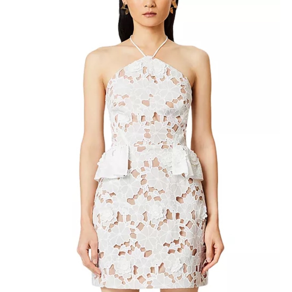 Elliatt White Strapless Floral Lace Halter Mini Dress